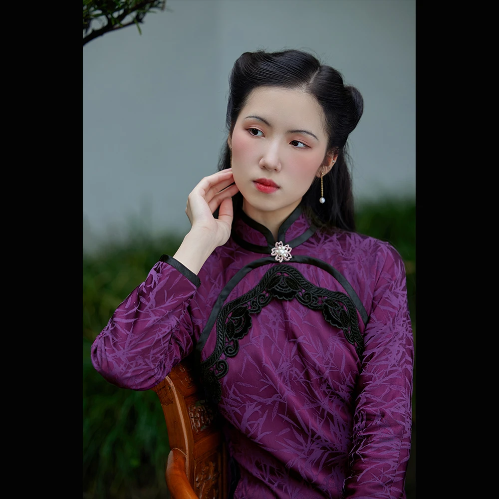 笙紫嫣 top ulara 画报款复古端庄秋款撞色古法宽绲无省长袖旗袍