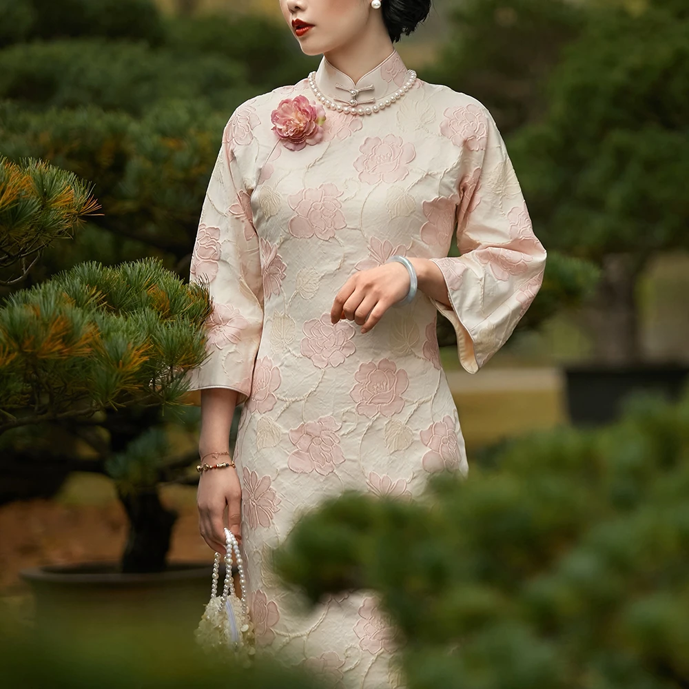 红粉佳人 top ulara 民国复古 春秋提花倒大袖年轻日常无省旗袍