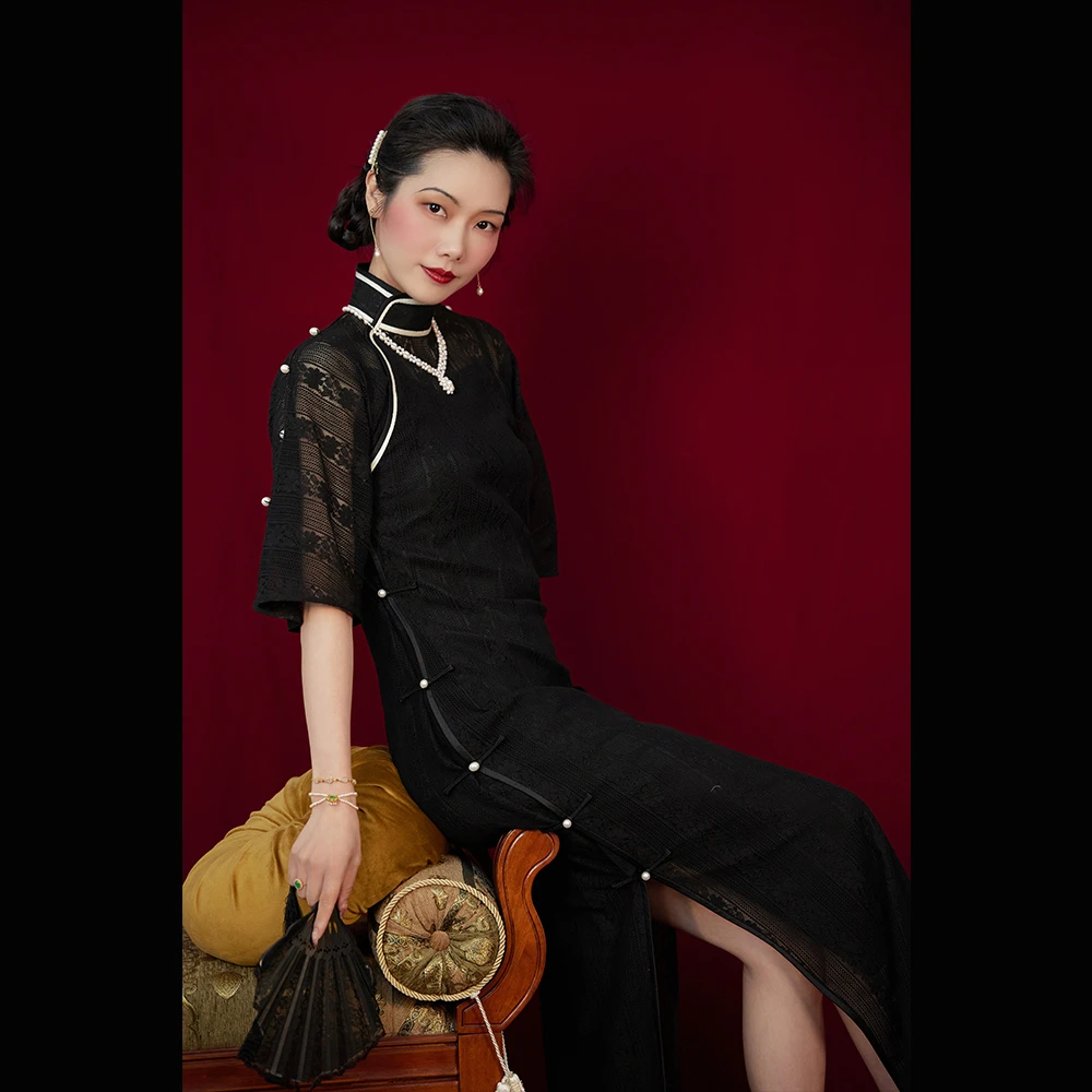 百乐門 top ulara 复古蕾丝礼服倒大袖改良无省旗袍连衣裙