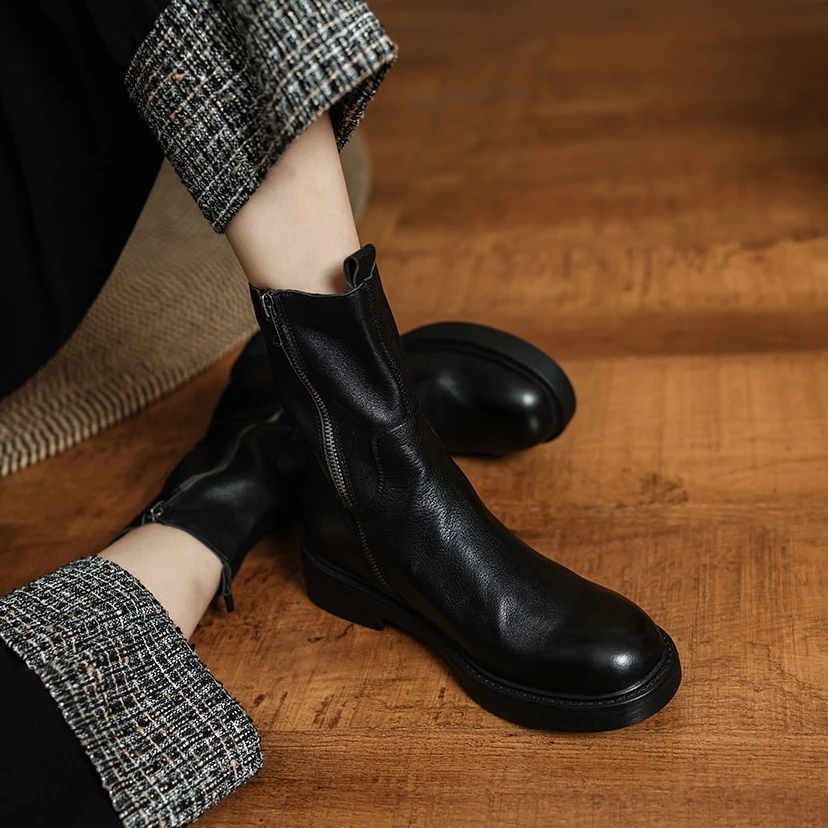 厚底真皮马丁靴百搭复古水洗胎牛皮粗跟英伦风秋冬短筒瘦瘦靴女靴