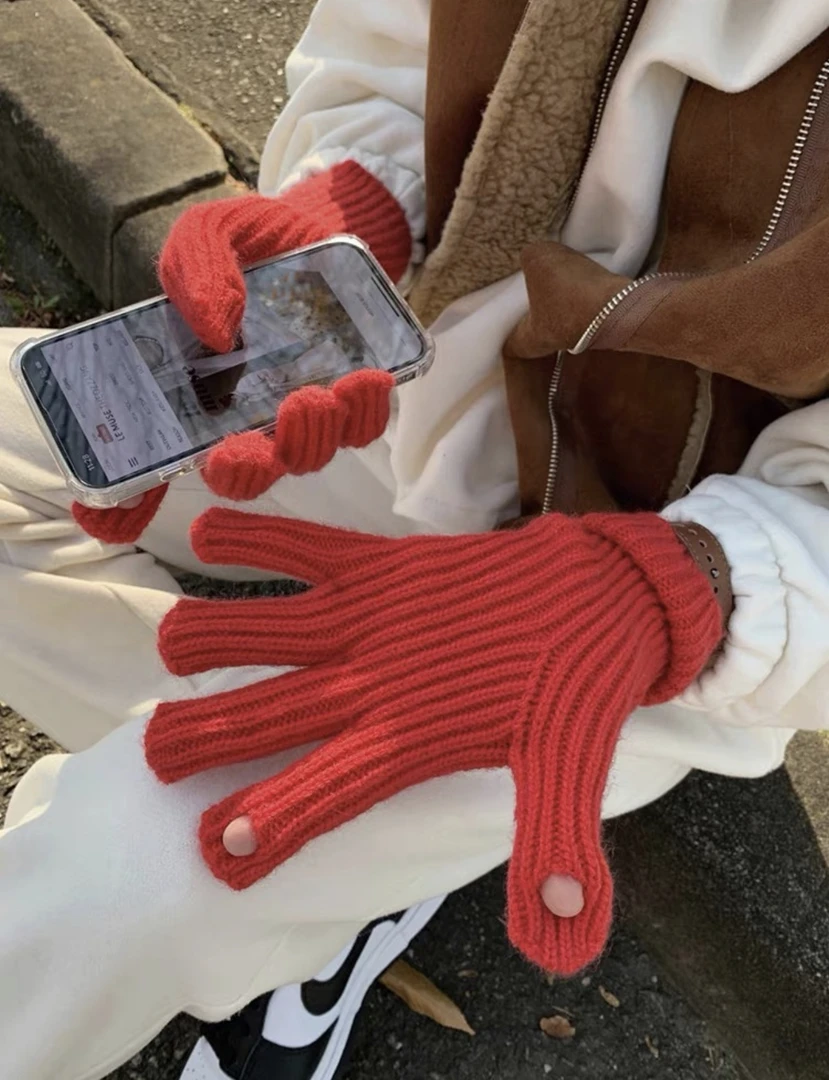 糖果色手套女冬季保暖加厚漏指毛线针织可触屏骑车防风骑行手套