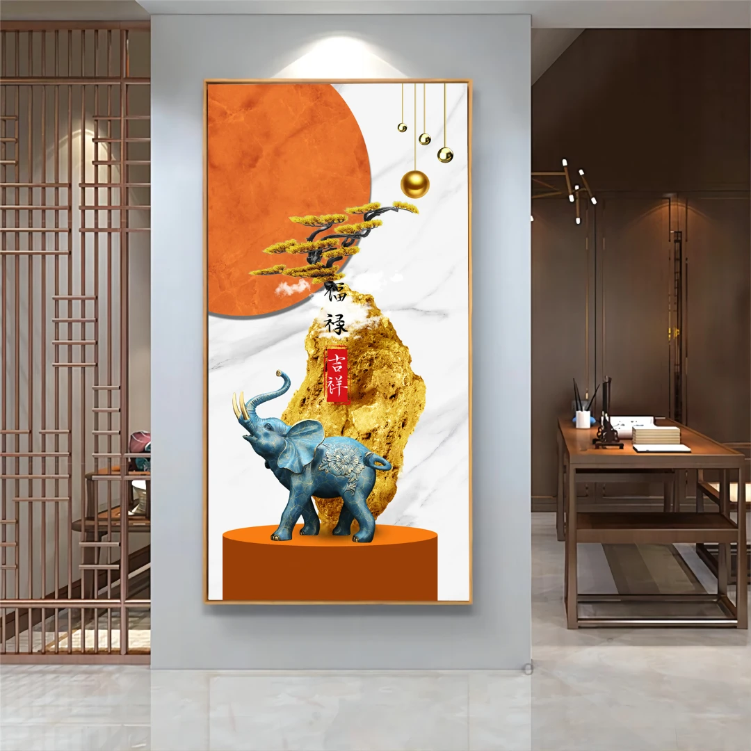玄关装饰画招财福象现代轻奢吉象入户走廊尽头墙挂画竖版晶瓷壁画