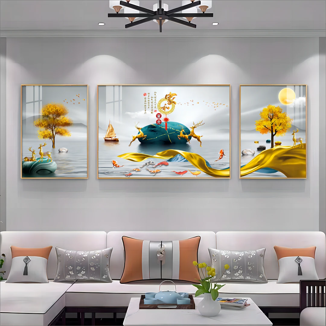 新中式客厅装饰画现代轻奢高档沙发背景墙挂画三联画家和富贵壁画