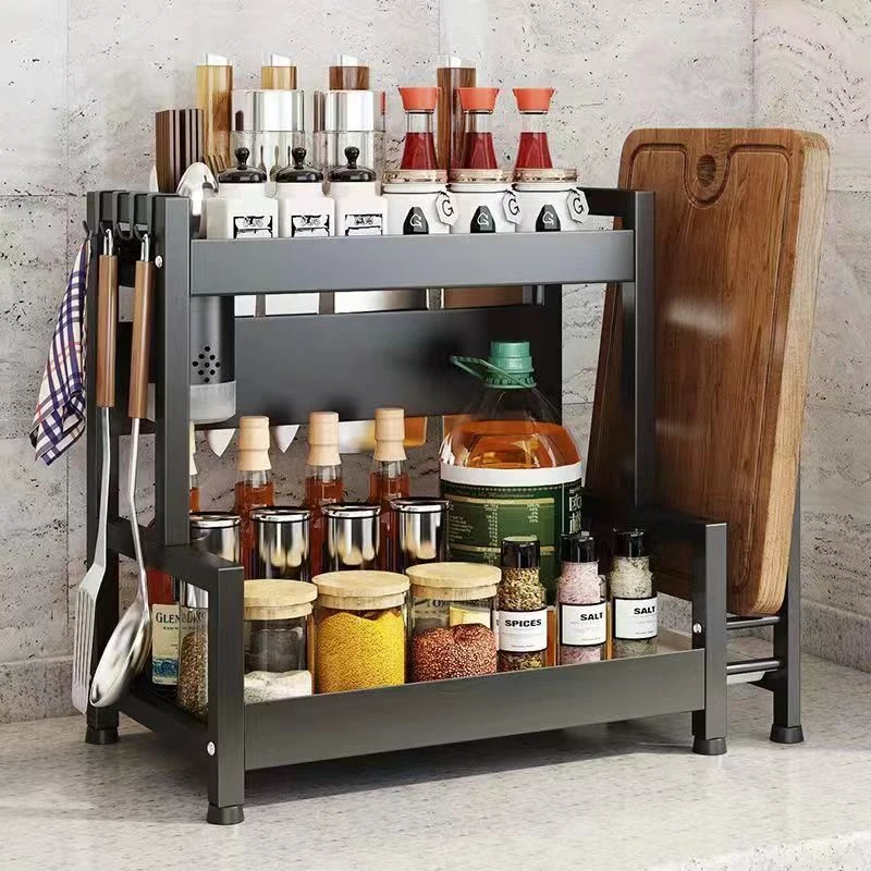 厨房专用置物架家用黑色多功能免打孔加厚不锈钢调料架刀架砧板架