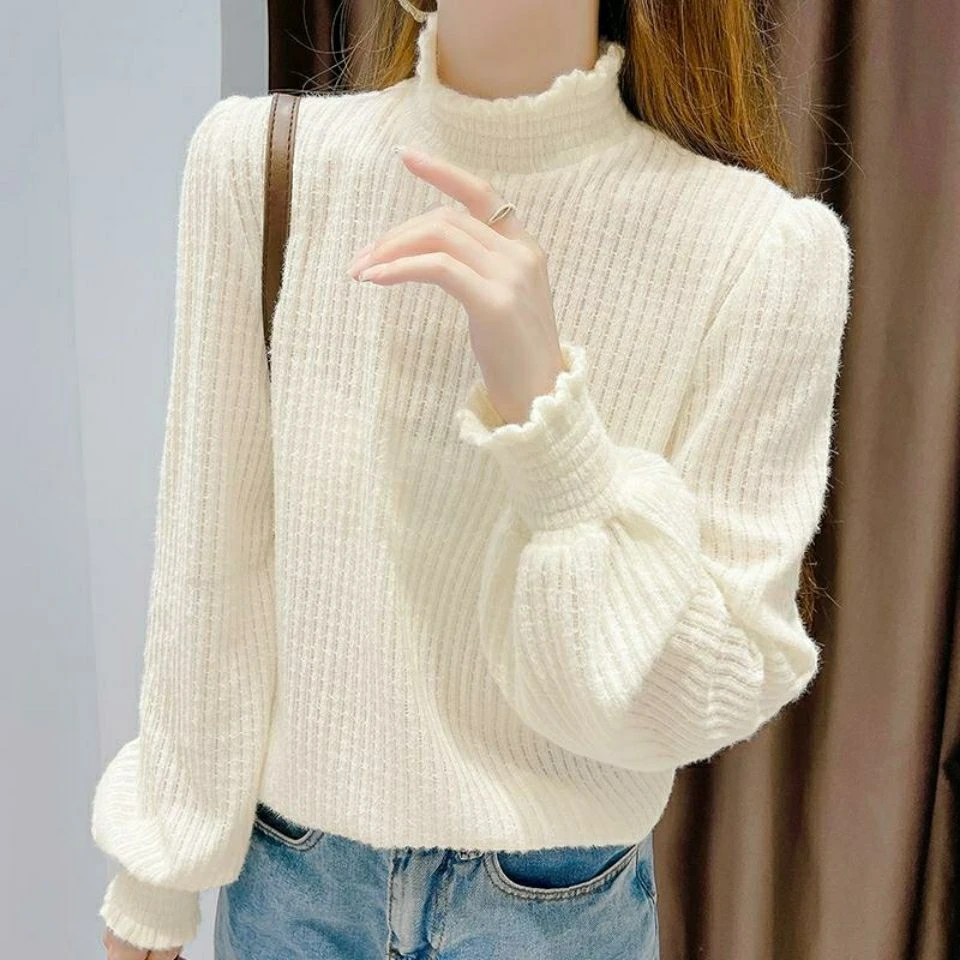 半高领打底衫女秋冬新款时髦时尚洋气蕾丝长袖上衣磨毛泡泡袖内搭