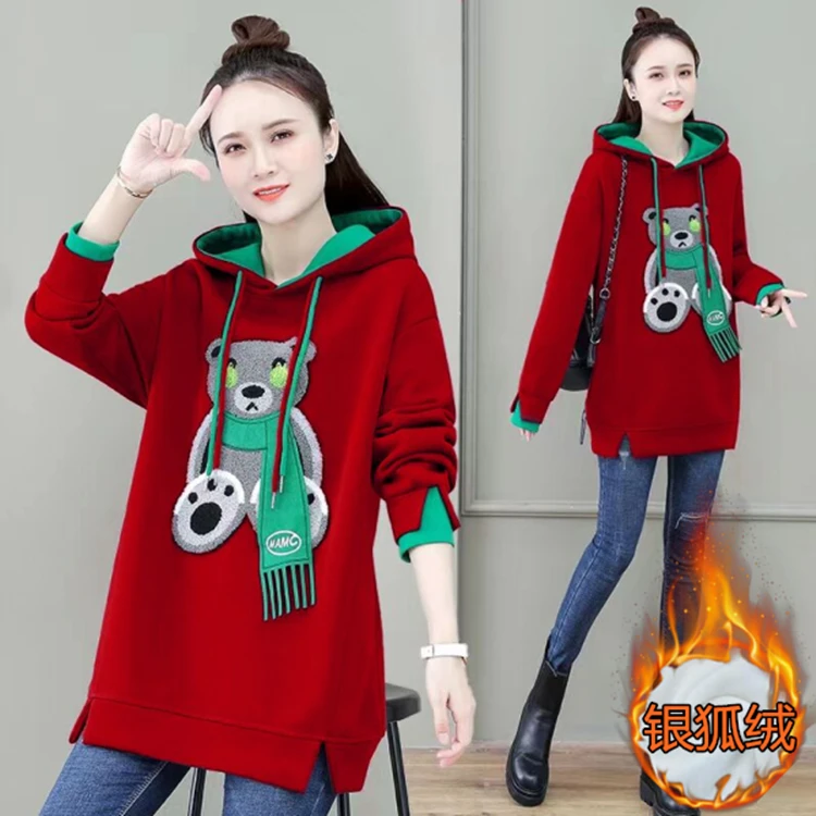 加绒加厚时尚卡通连帽卫衣女2023秋冬加厚宽松上衣休闲百搭外套潮