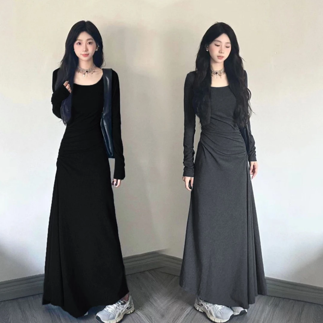 法式长袖灰色连衣裙女装收腰显瘦垂感长裙高级感过膝裙子秋冬内搭
