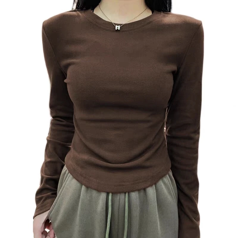 双面德绒圆领打底衫女秋冬内搭洋气时尚弧度下摆收腰长袖保暖上衣