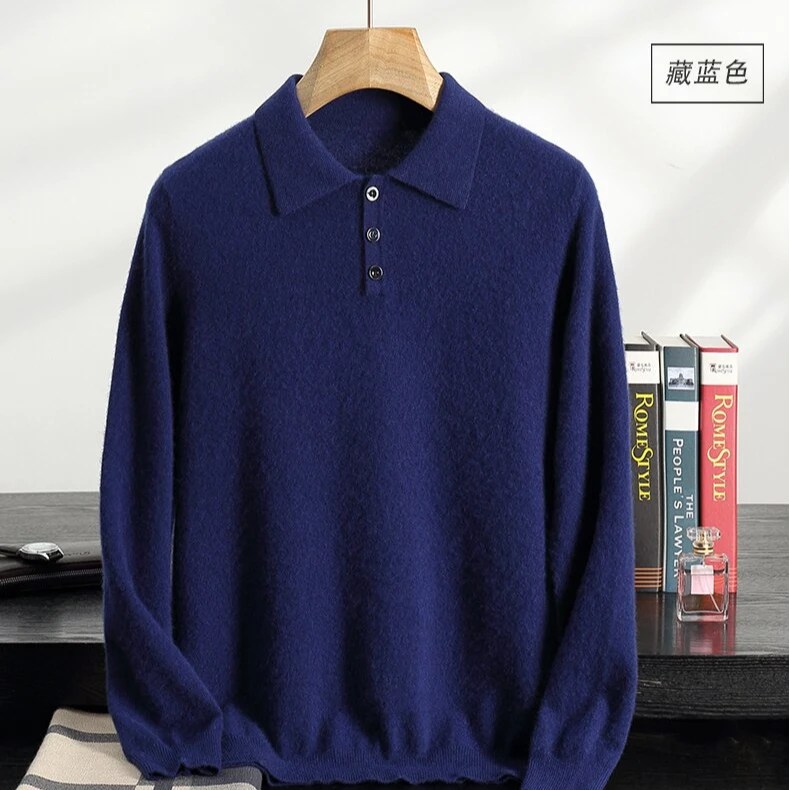 臻选正品山羊绒衫男士Polo领长袖休闲中青年纯色针织衫宽松秋冬款