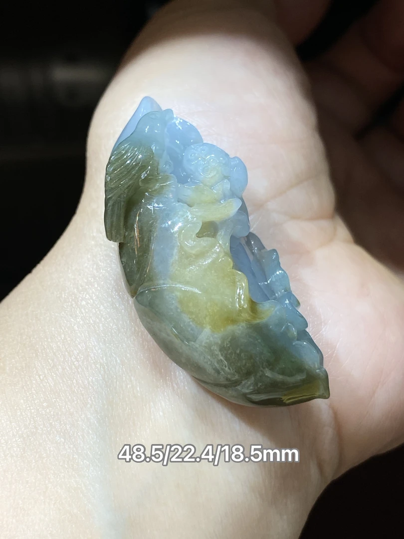 缅甸翡翠A货俏色巧雕荷叶花鸟吊坠挂件项坠天然玉石立体精雕包邮