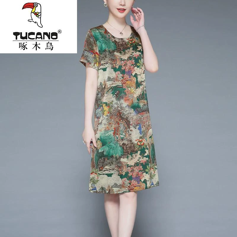 啄木鸟高档桑蚕丝裙子中老年女装妈妈夏装宽松遮肚印花真丝连衣裙