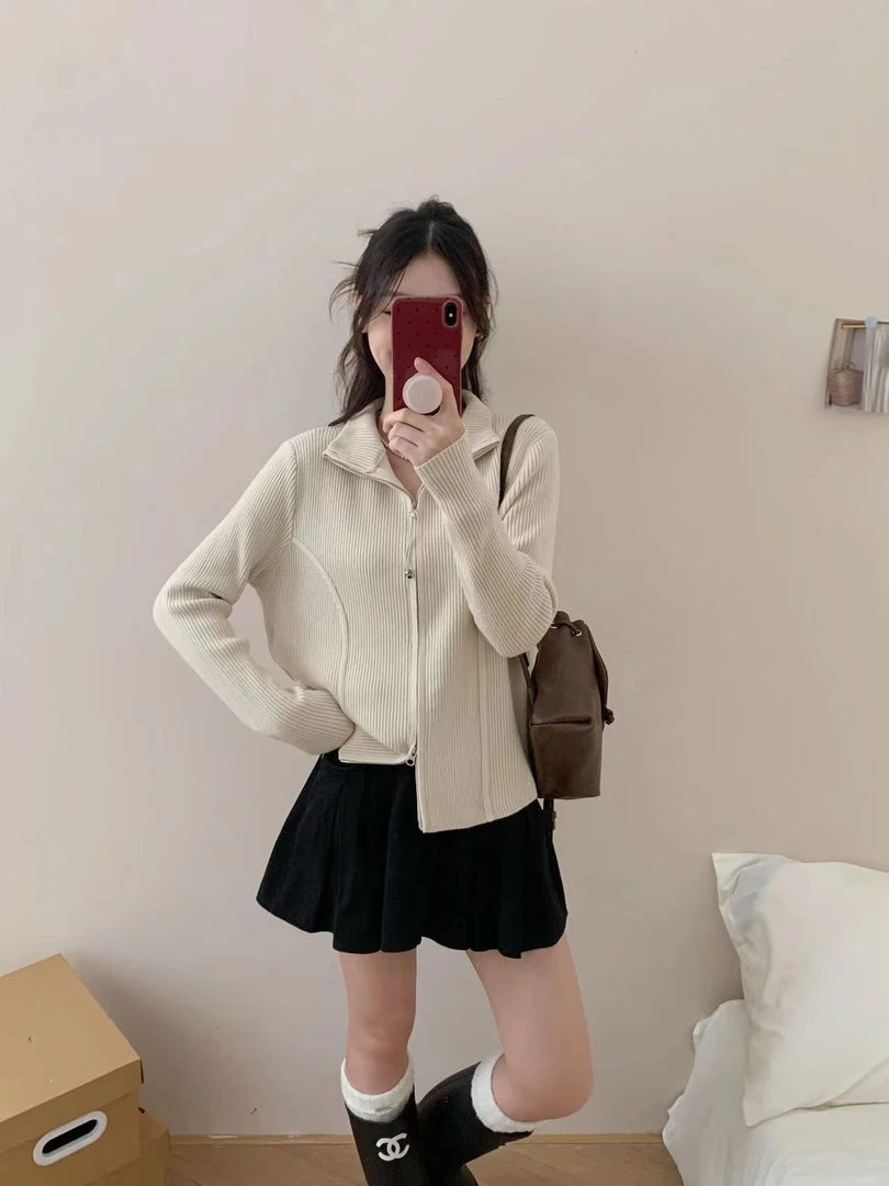 双拉链小蛮腰款显瘦针织衫