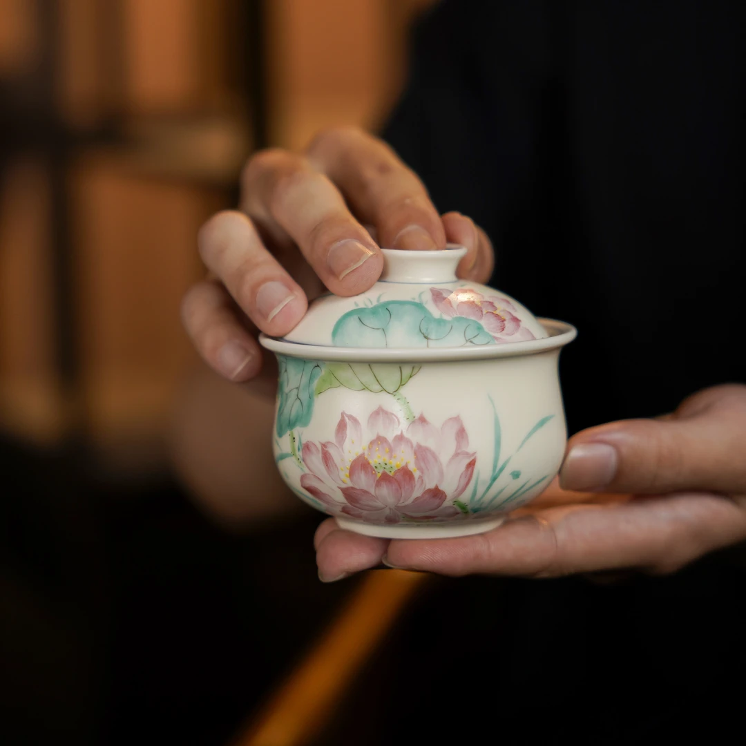 荷花福袋盖碗茶具-纯手工手绘大号二才盖碗