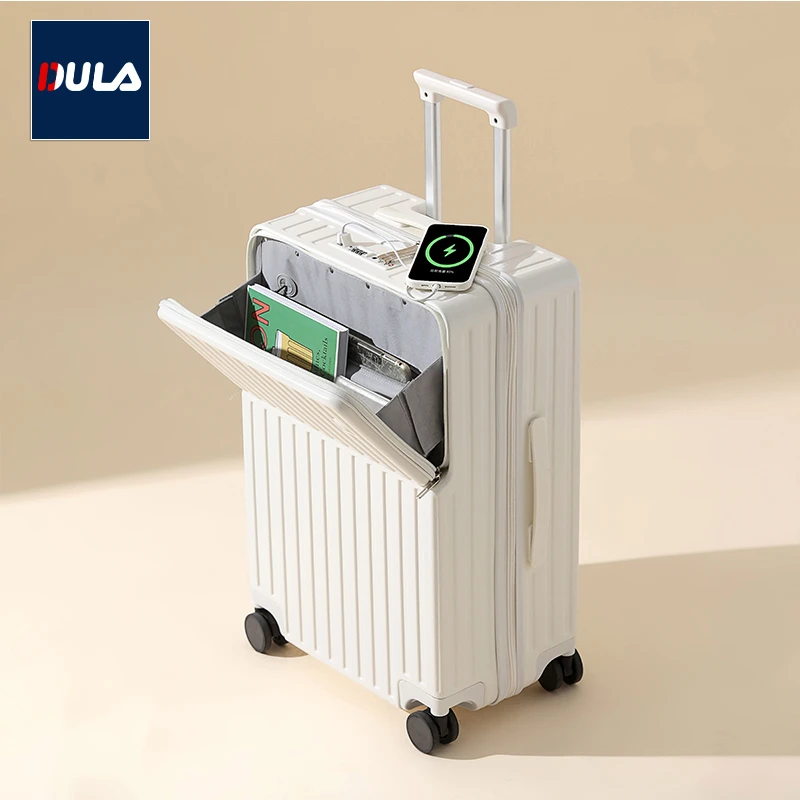 DULA高颜值前开盖杯架行李箱拉杆箱USB充电旅行箱密码箱