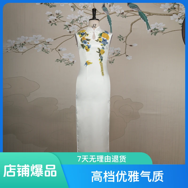 【山花烂漫】旗袍款中老年高档优雅气质两侧开叉长款修身走秀旗袍