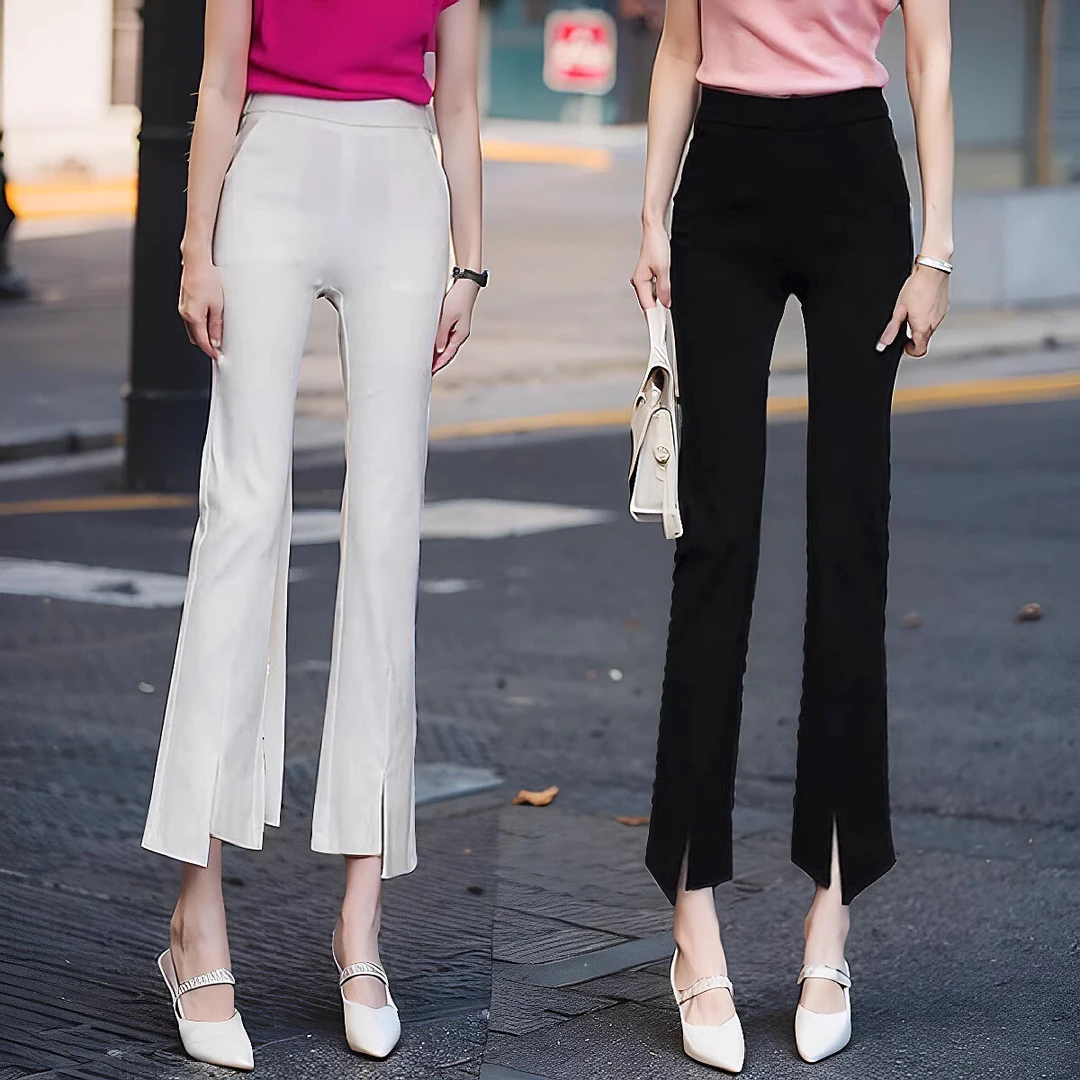 微喇裤女2024夏季新款显瘦高级垂坠感西装小个子休闲裤开叉喇叭裤
