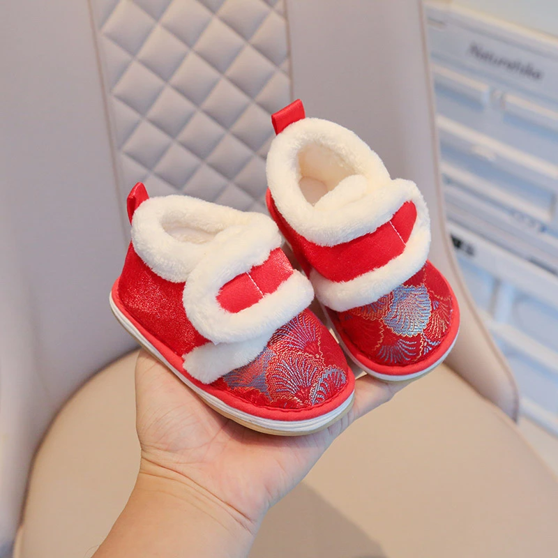 女童拜年鞋婴儿唐装鞋加绒宝宝过年鞋子千层底宝宝鞋冬国风红色男