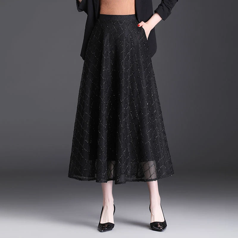 春季半身裙女2023新款春夏气质显瘦大摆裙亮丝网纱裙长裙A字裙