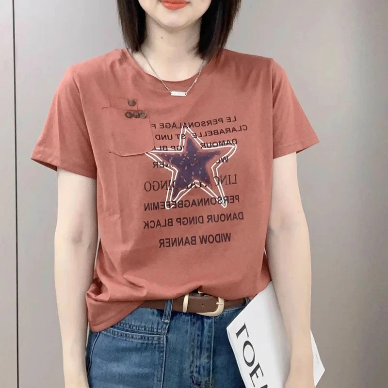 t恤女新款夏季圆领印花宽松洋气时尚百搭韩版ins显瘦女装短袖上衣