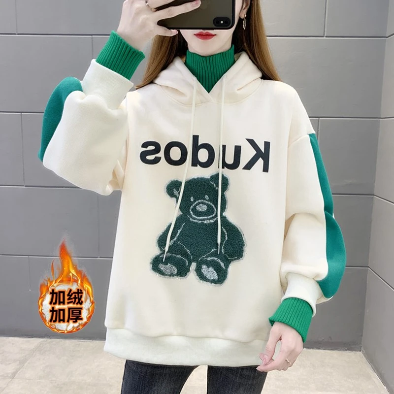 卫衣女2025新款秋冬小熊加绒加厚韩版时尚百搭高领女装长袖上衣