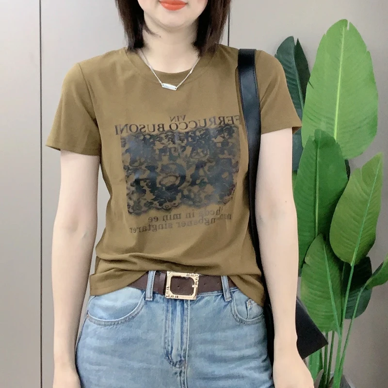 t恤女新款夏季休闲小众蕾丝韩版百搭印花ins显瘦洋气圆领体恤上衣