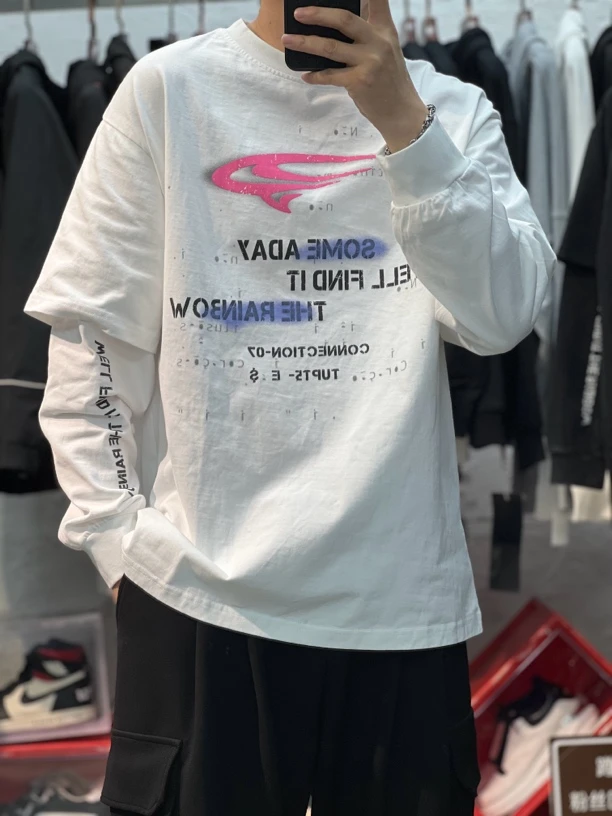 新款秋冬高克重重工水洗假两件复古打底卫衣