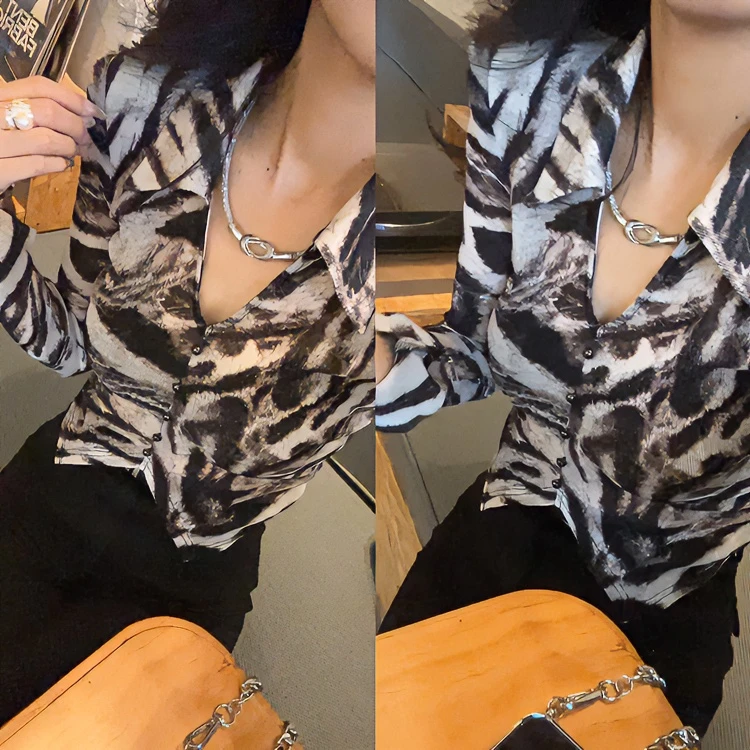 【大婷婷】时髦虎纹V领网纱弹力衬衣高品质扎染短款长袖上衣女A27