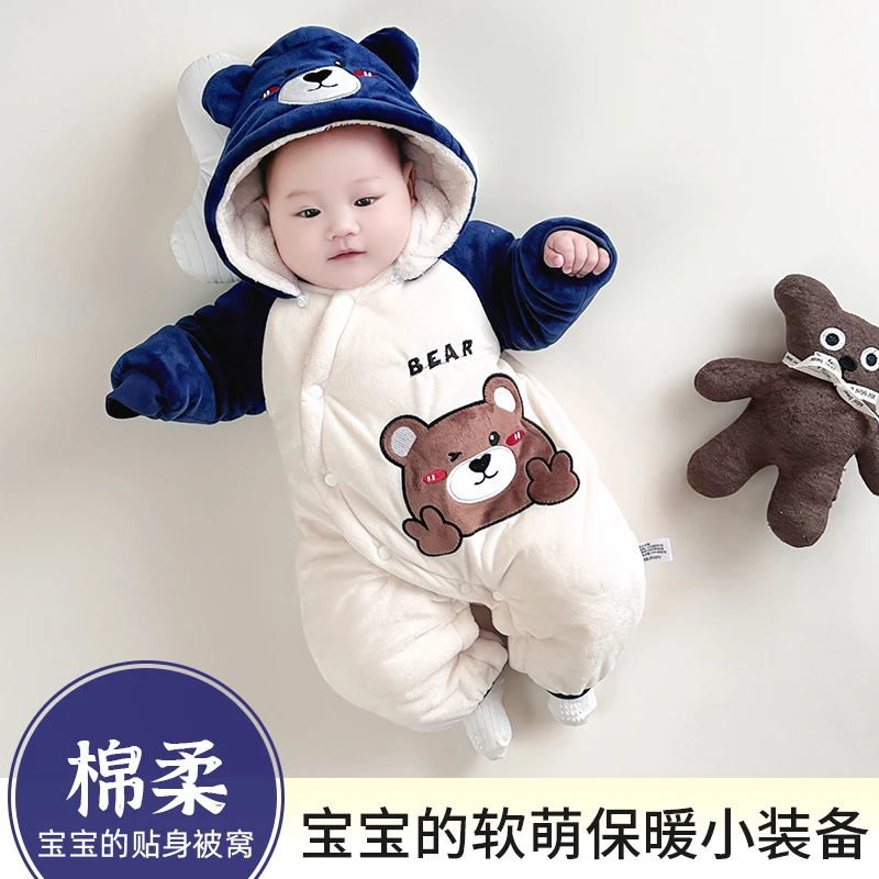 宝宝加绒哈衣连体衣秋冬加厚保暖卡通婴幼儿连体衣儿童