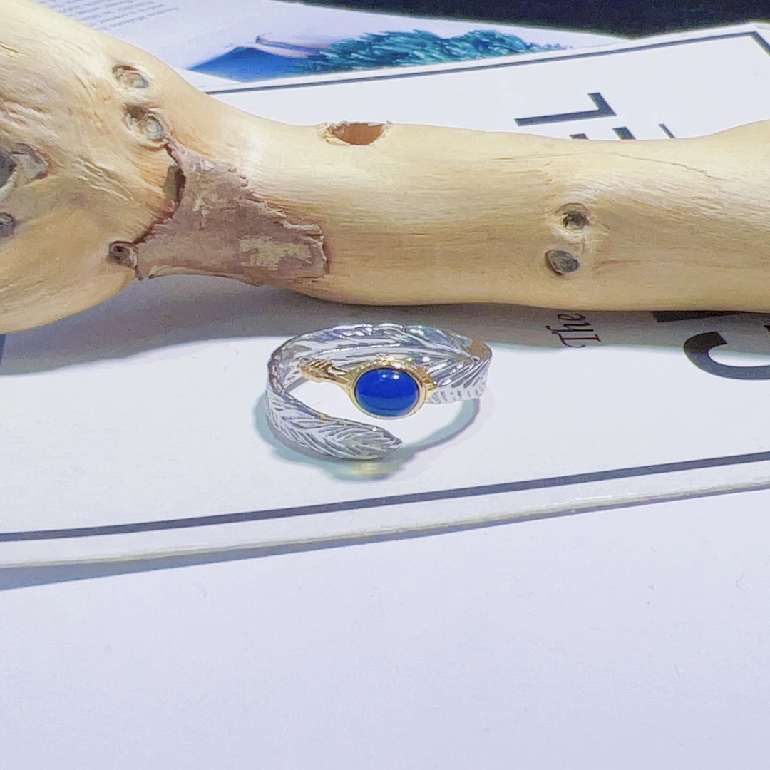 【壹芳珠宝】天然原矿琥珀多米尼加蓝珀S925银羽毛戒指