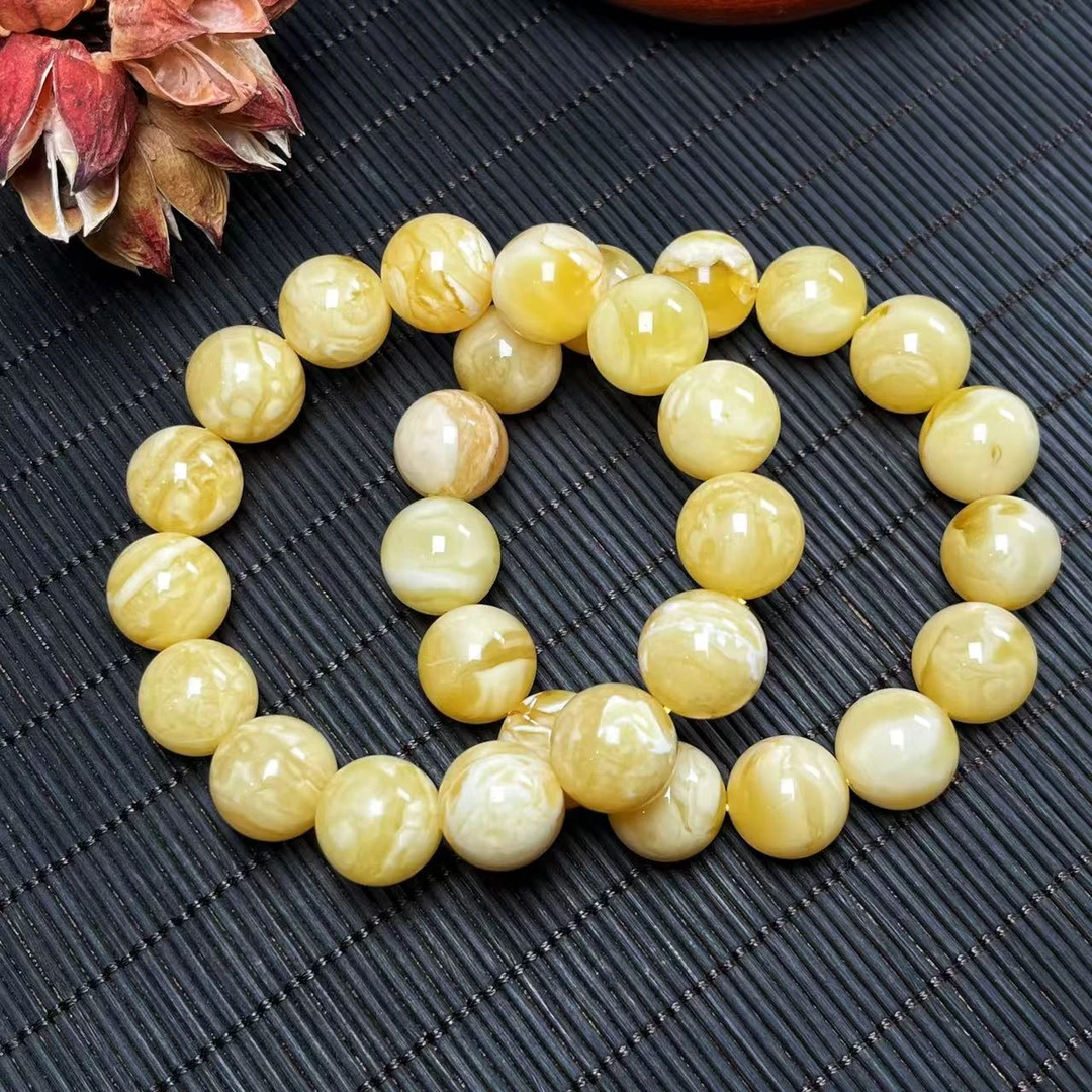【壹芳珠宝】天然原矿琥珀蜜蜡白蜡圆珠手串14mm （多样性发货一件）