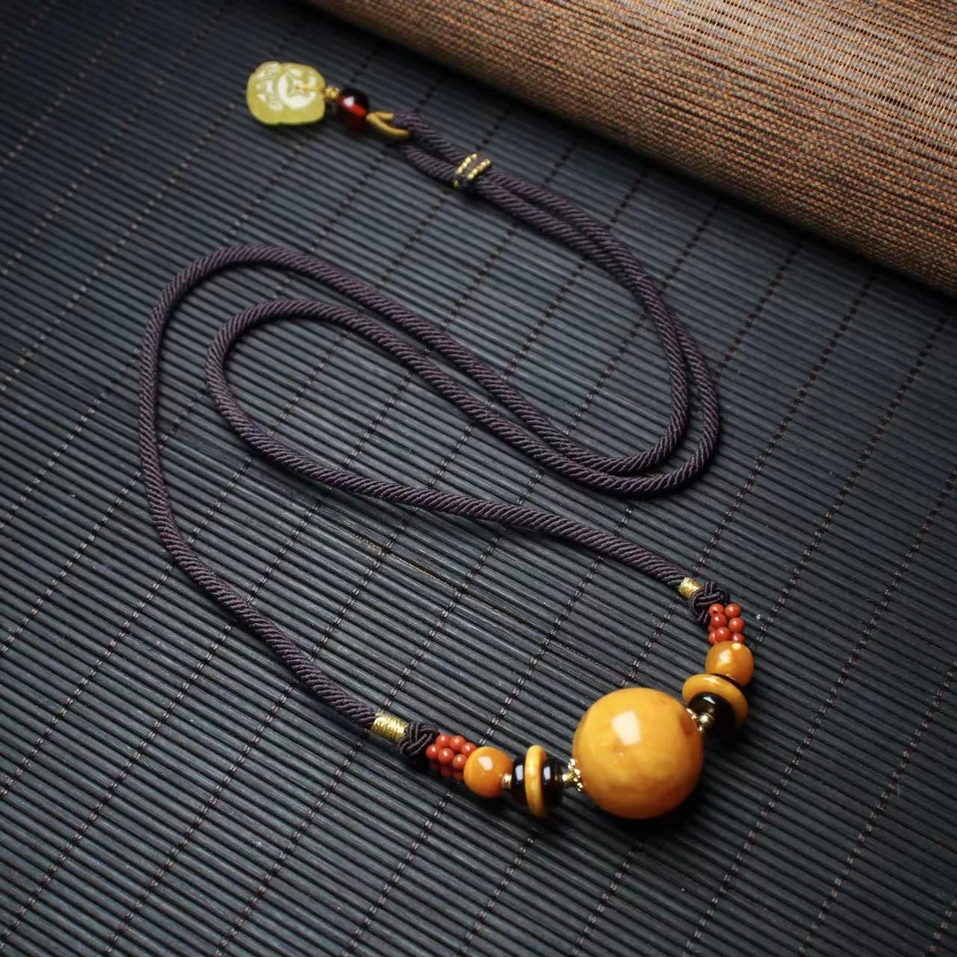 【壹芳珠宝】天然原矿琥珀蜜蜡圆珠项链貔貅18mm