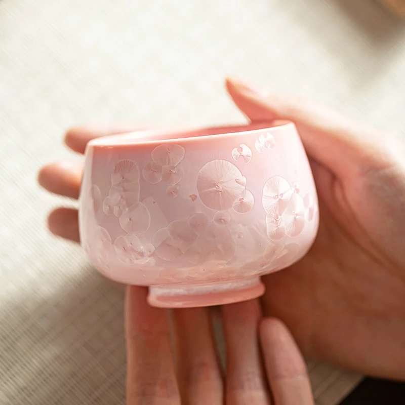 结晶日式少女心窑变结晶釉茶杯樱花粉主人杯个人单杯礼盒装客厅家