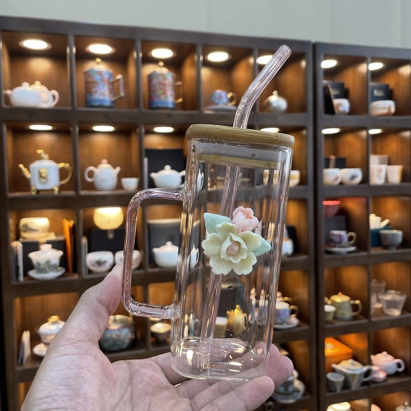 360ml吸管杯带盖可加热耐热玻璃高硼硅水杯绿茶杯牛奶杯早餐杯