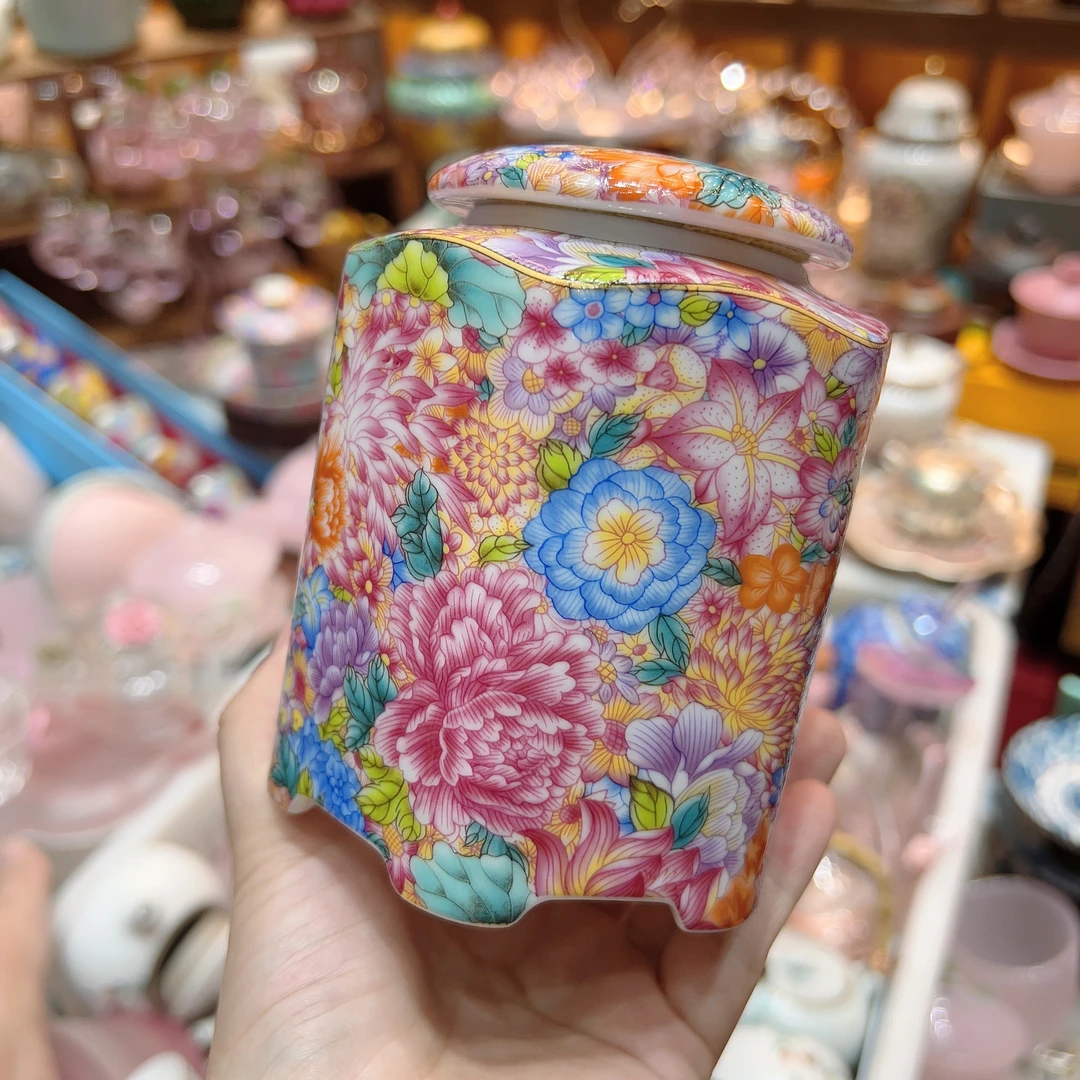 珐琅珍藏万花茶叶罐密封罐陶瓷 容量约120g