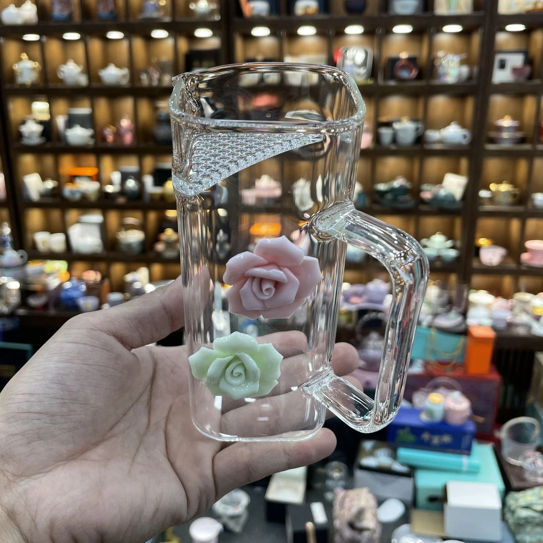 耐高温玻璃月牙捏花公道杯捏花陶瓷