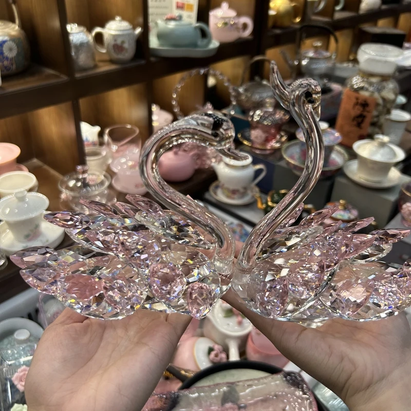 水晶一对粉色水晶天鹅电视柜客厅酒柜家居饰品摆件