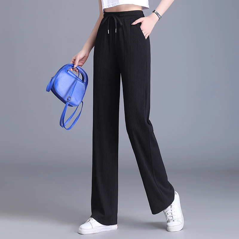 小个子夏季薄款冰丝阔腿裤女垂感2025新款宽松高腰显瘦休闲直筒裤