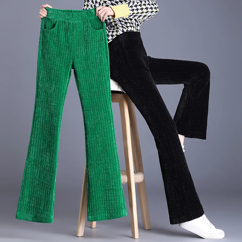 小个子雪尼尔波浪微喇裤女高腰秋冬加绒显瘦修身女士裤子休闲长裤