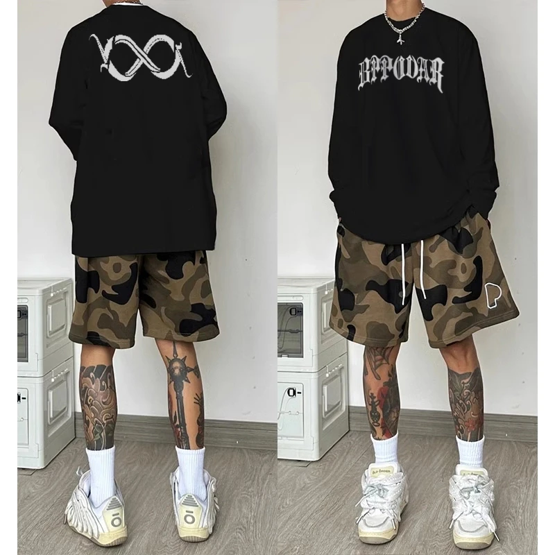 美式复古潮牌字母印花纯棉长袖T恤男秋季高街百搭重磅纯棉打底衫