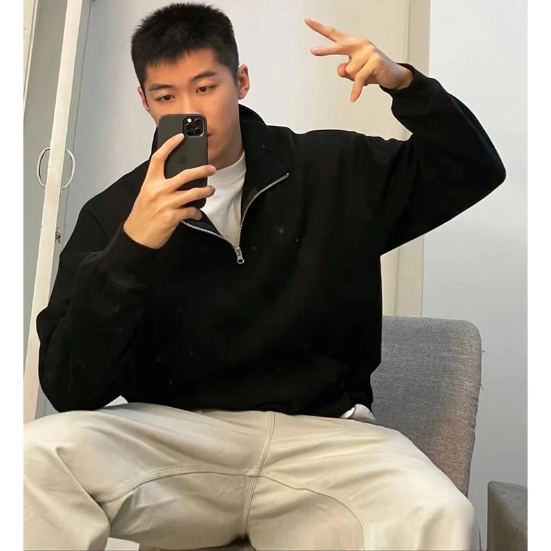 美式高级感半拉链polo领纯色卫衣男秋冬季黑色简约宽松长袖上衣潮