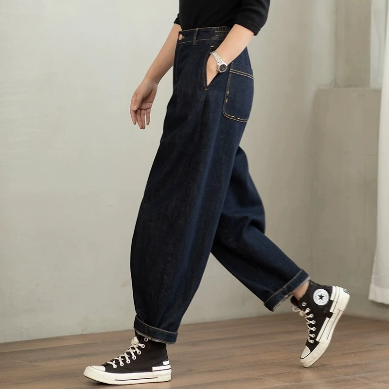 2025春夏复古松紧高腰香蕉牛仔裤女阔腿镰刀裤宽松显瘦大码老爹裤