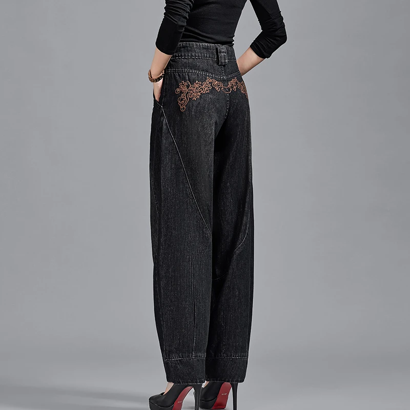 春夏新款高腰刺绣花牛仔裤女黑色灯笼裤女阔腿长裤萝卜裤宽松休闲