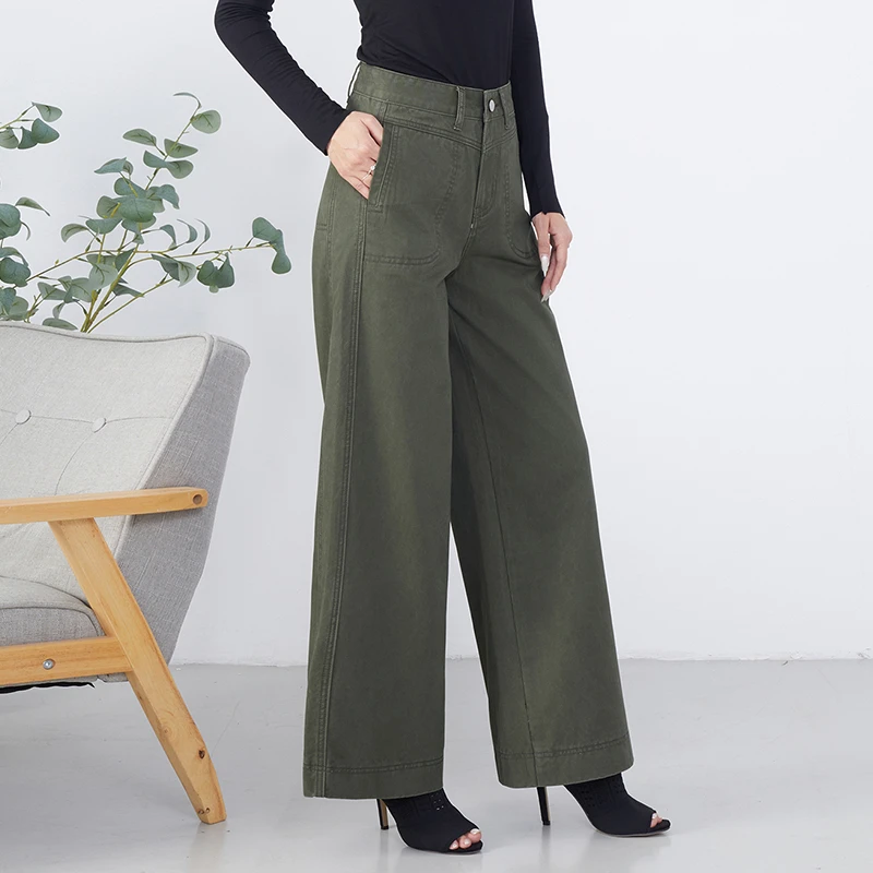 春秋新款2025年牛仔女裤高腰阔腿裤宽松直筒长裤休闲时尚军绿色