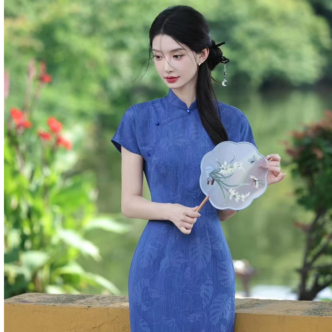 《蔷薇蓝》新中式蓝色旗袍夏季长款改良年轻复古优雅气质文艺连衣裙
