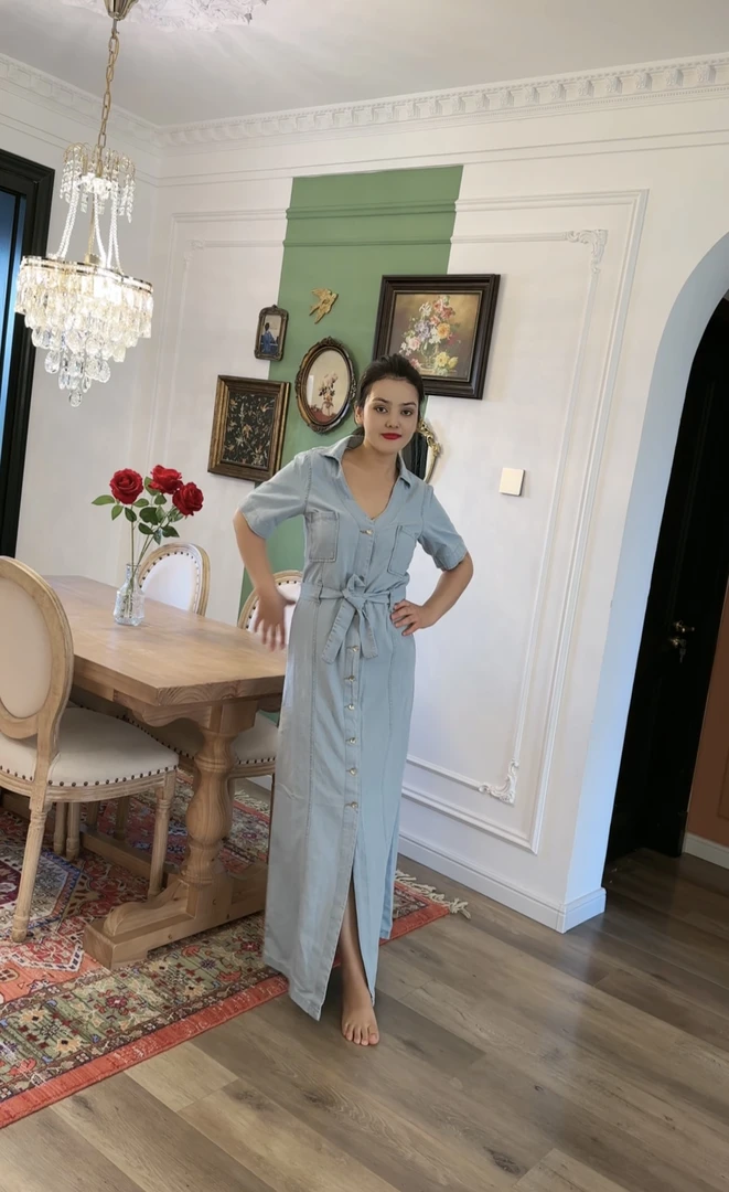 衬衣领收腰长款牛仔连衣裙