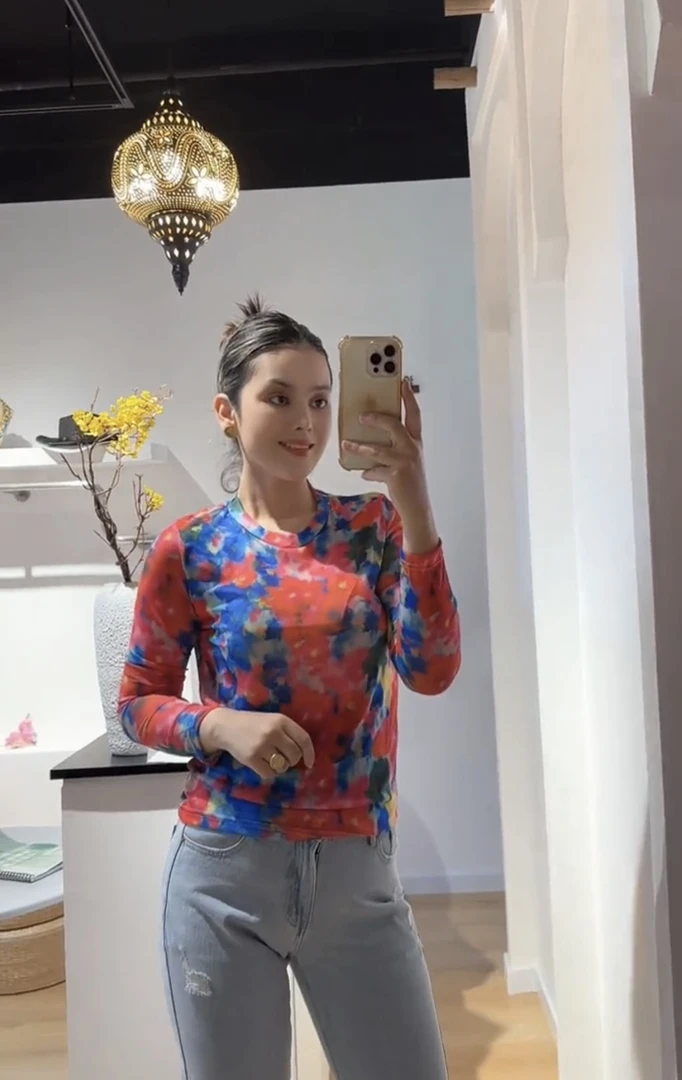 薄款网纱印花防晒打底衫女长袖洋气内搭T恤上衣