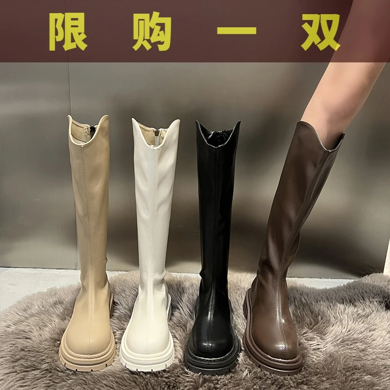 国货潮牌v口长筒靴子女春秋胖mm粗腿大筒围大筒围裤管靴高筒骑鞋