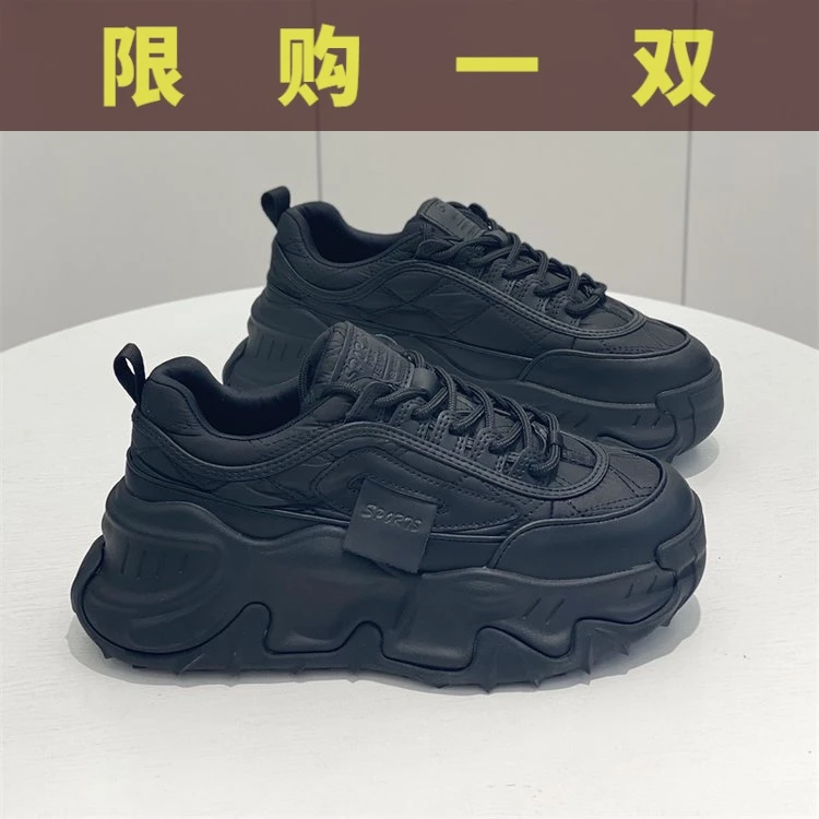 国货潮牌爆款港风厚底增高显脚小老爹鞋女春秋新款炸街百搭黑色鞋