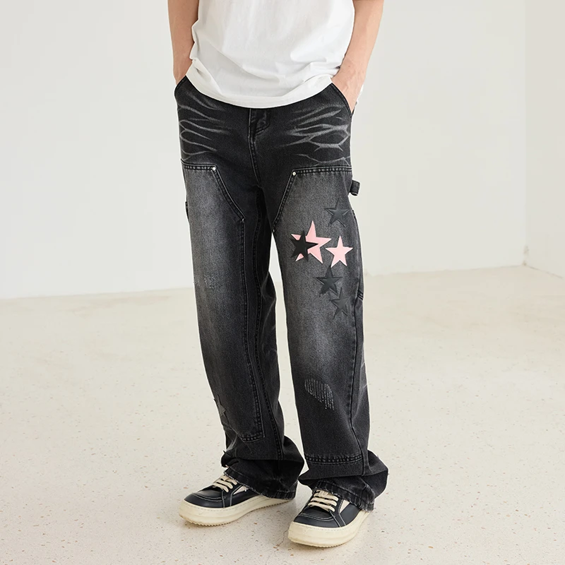 HACR 美式复古星星贴皮立体直筒工装牛仔HACR伐木裤宽松宽松潮流