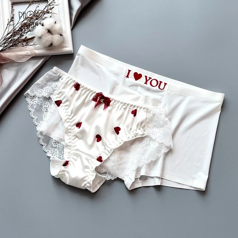 情侣款内裤性感丝滑白色可爱心型夏季一对情侣底裤套装